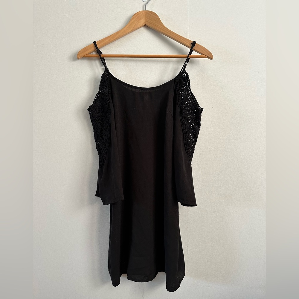 Black off the shoulder long sleeve polyester dress with lace detailing